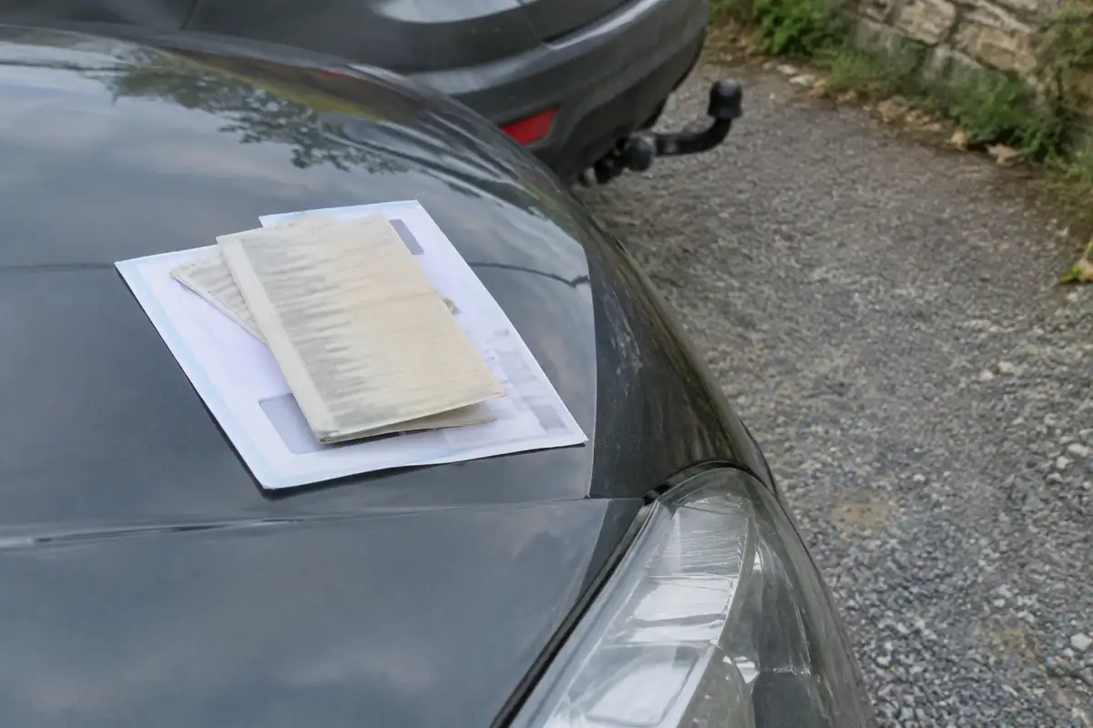 Carte grise pliée et papiers posés sur le capot d'une voiture avec un crochet d'attelage derrière