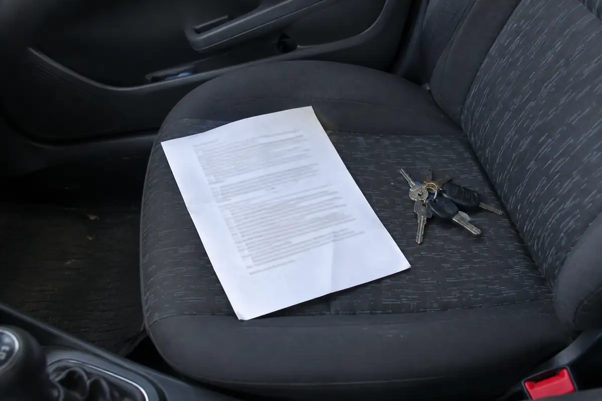 Certificat provisoire imprimé posé sur le siège passager avec les clés
