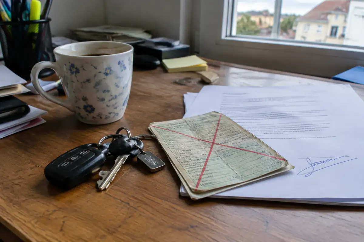 Clés de voiture, ancienne carte grise barrée d'une croix rouge et document signé sur un bureau, à côté d'une tasse de café