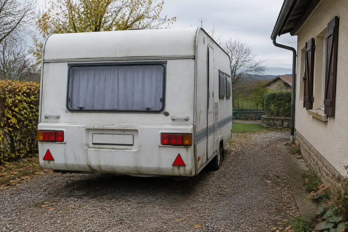 Caravane blanche garée sur une allée en gravier à côté d'une maison