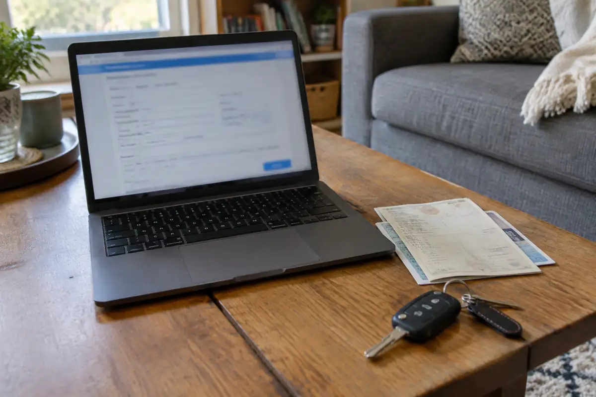 Ordinateur portable, carte grise et clés de voiture sur une table de salon