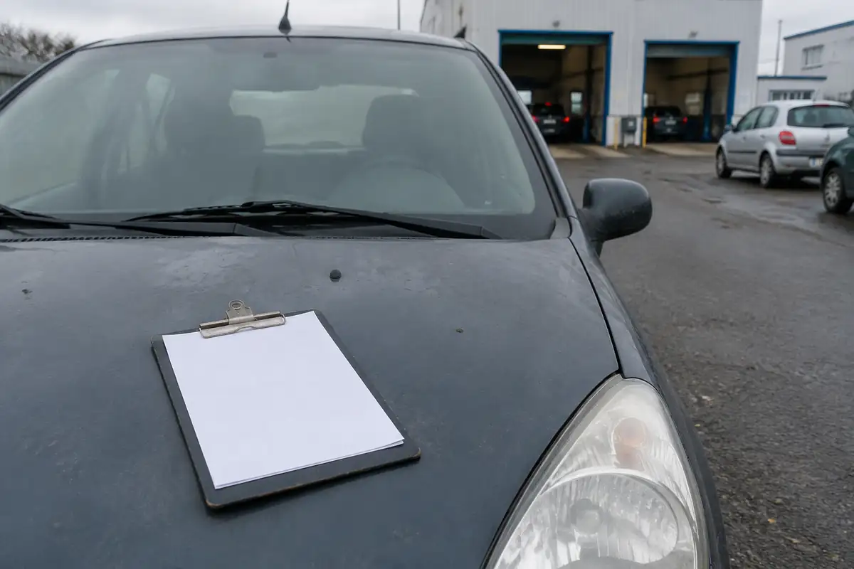 Feuille blanche sur un presse-papier posé sur le capot d'une voiture devant un centre de contrôle technique
