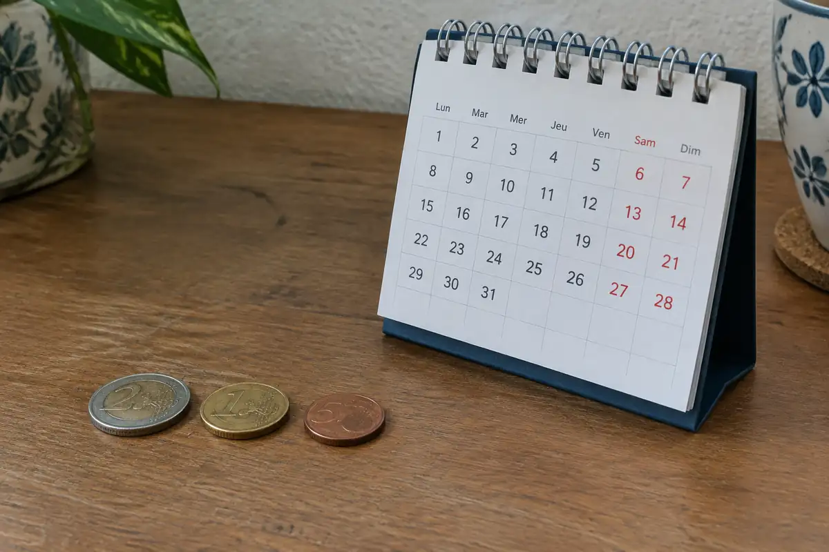 Trois pièces de monnaie alignées à côté d'un petit calendrier de bureau