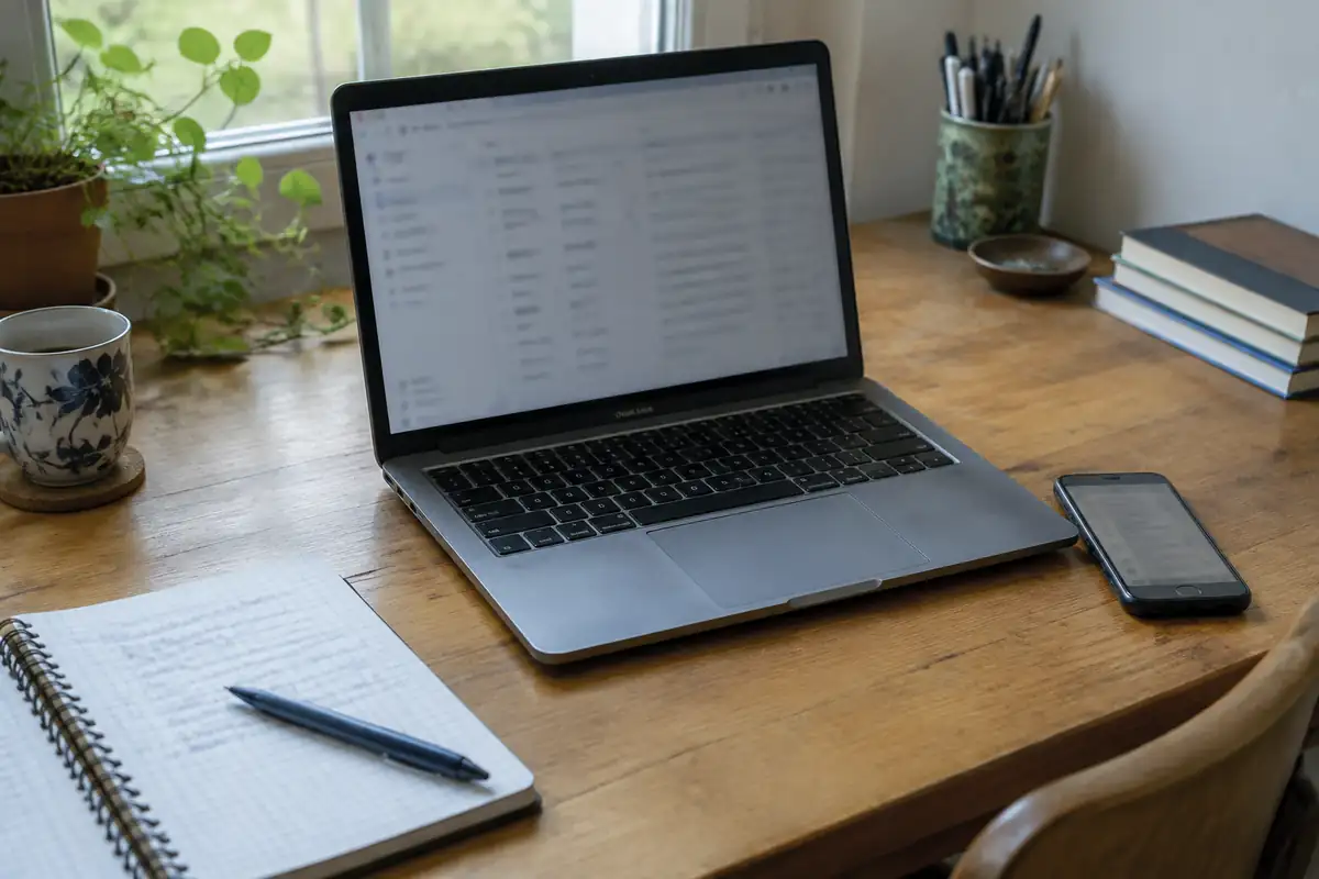 Ordinateur portable ouvert et smartphone posés sur un bureau avec un carnet