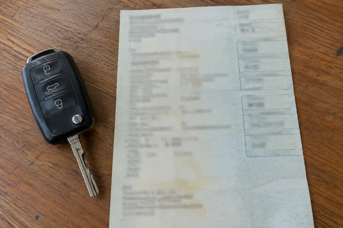 Certificat d'immatriculation posé à plat près d'une clé de voiture, avec les rubriques de droite floutées